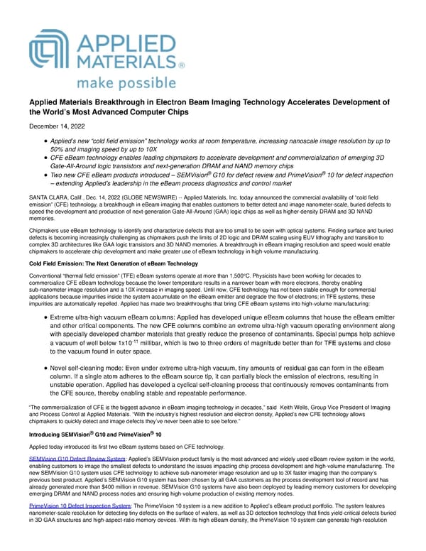 Applied Materials Breakthrough in Electron Beam Imaging Technology  Accelerates Development of the World’s Most Advanced Computer Chips - Page 1