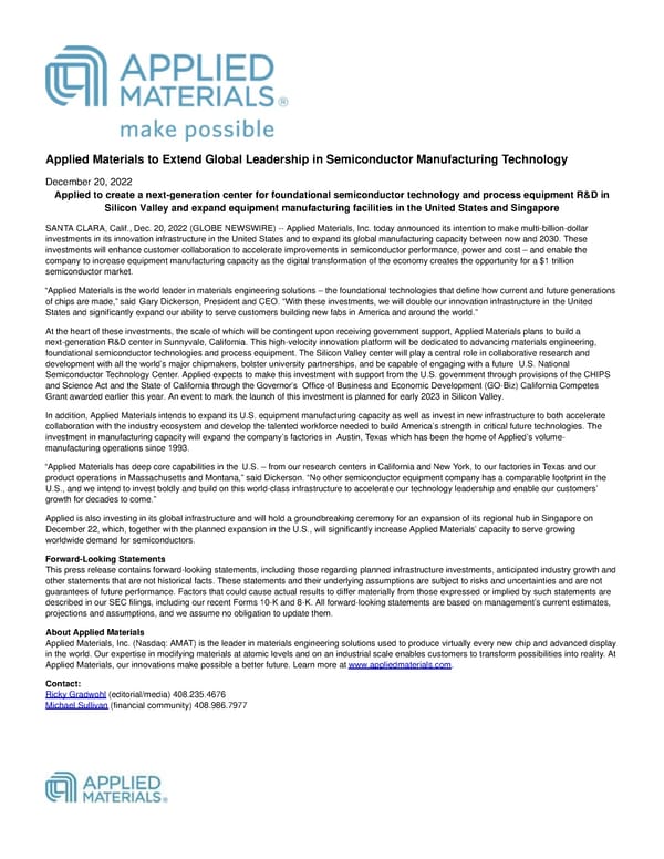 Applied Materials to Extend Global Leadership in Semiconductor Manufacturing Technology - Page 1